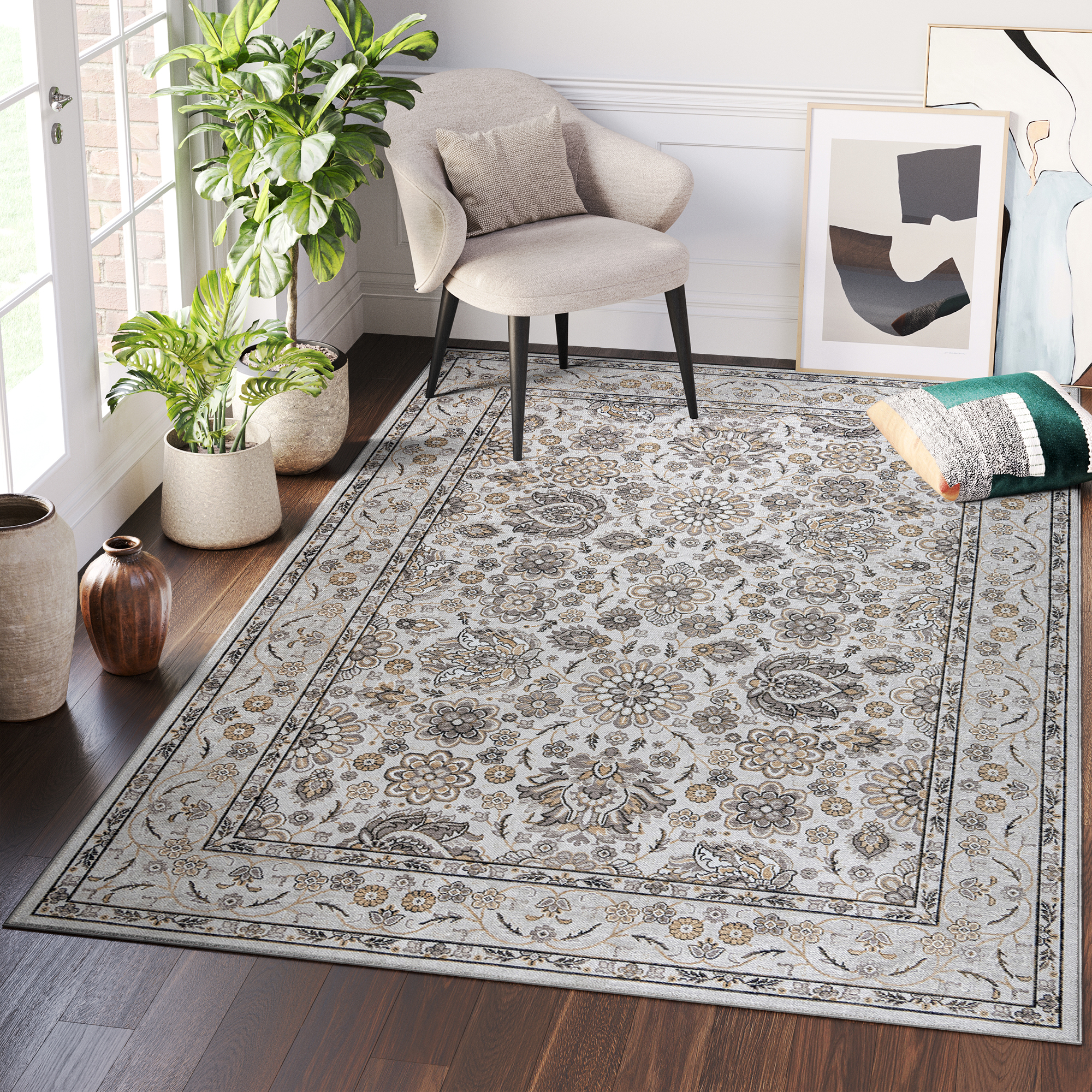Tapis Dubai Beige Motif Floral Antidérapant