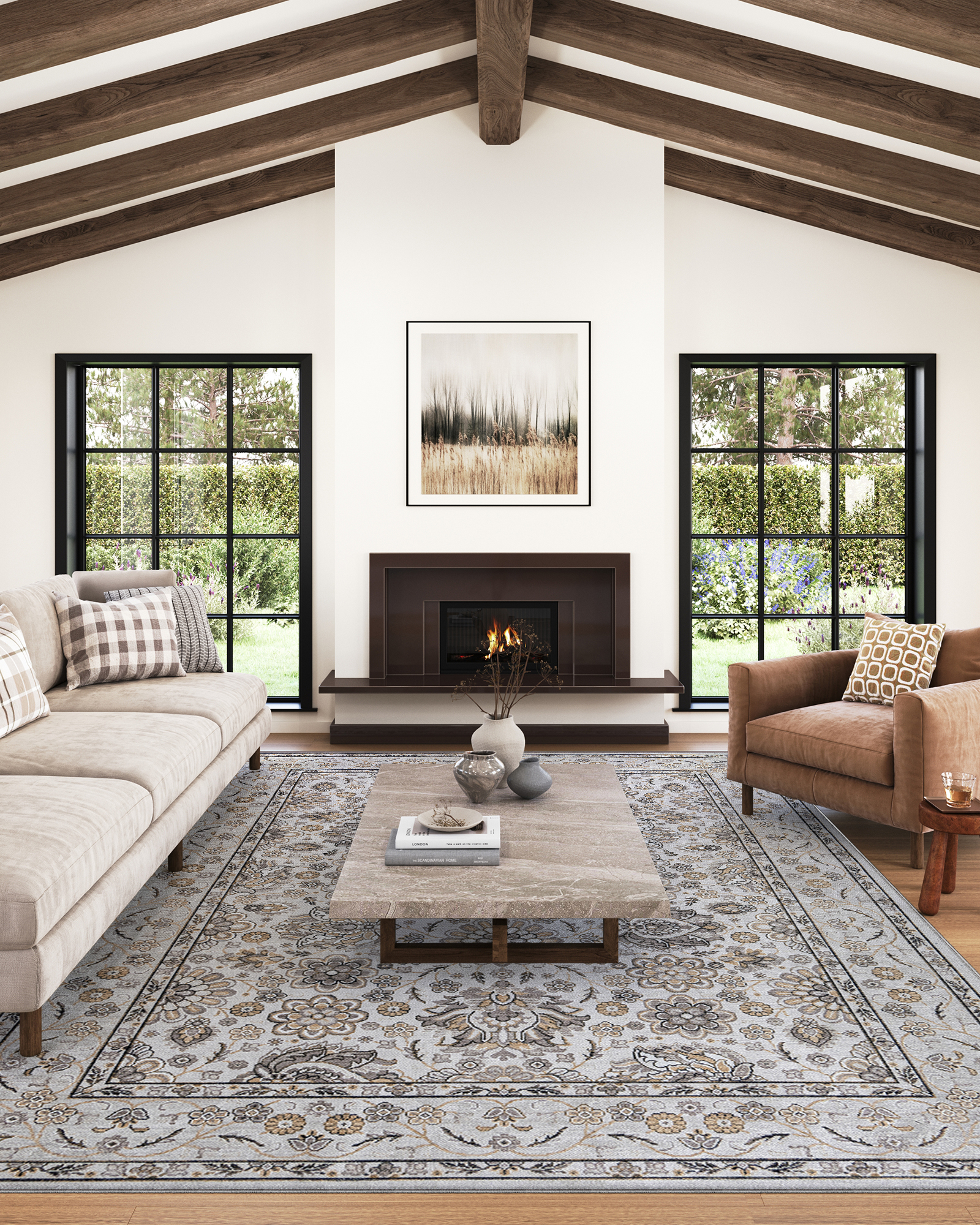 Tapis Dubai Beige Motif Floral Antidérapant