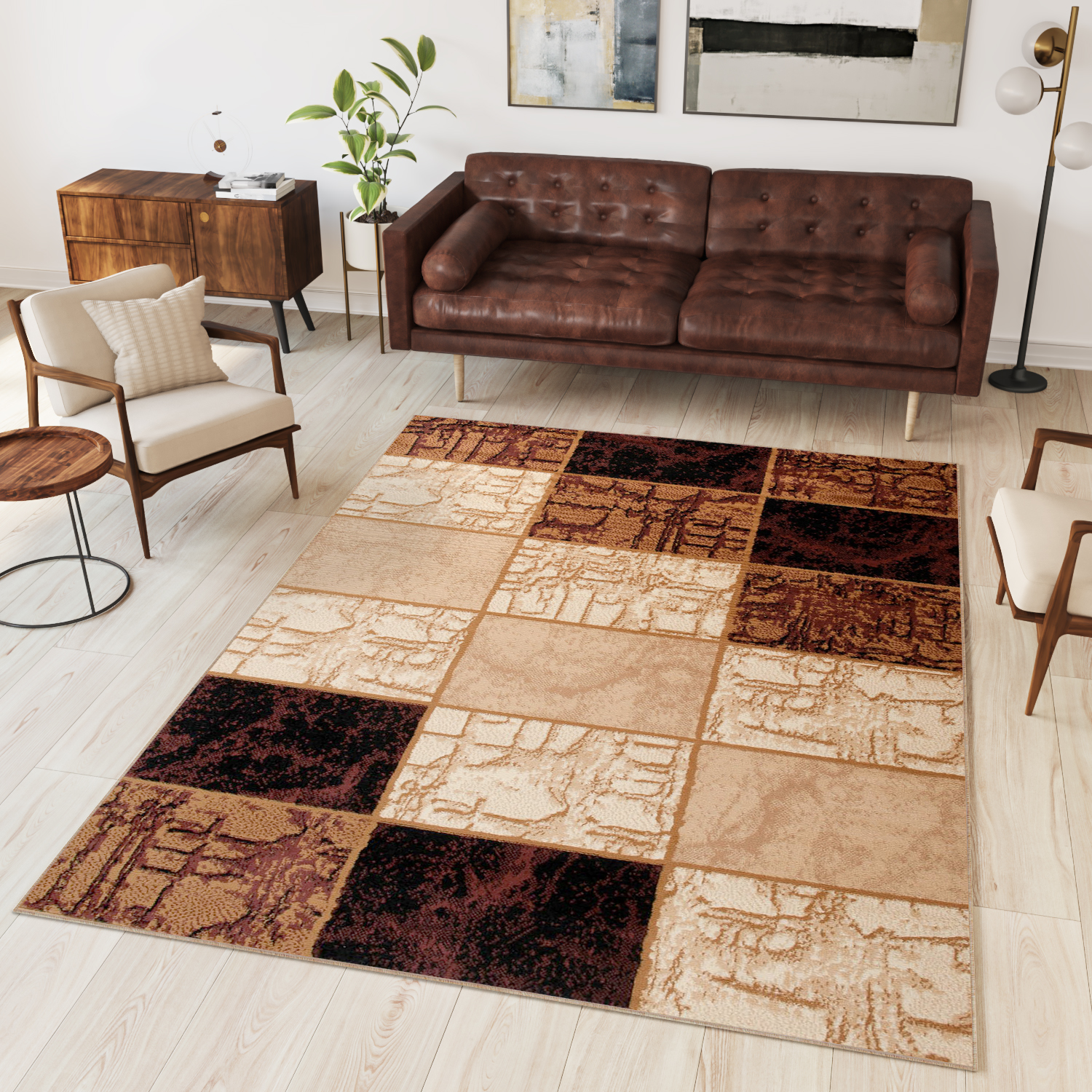 DREAM Tapis Moderne Géométrique Carreaux Marron Beige Moutarde Fin