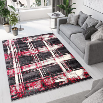 DREAM Tapis Moderne Treillis Rayures Gris Foncé Rouge Fin