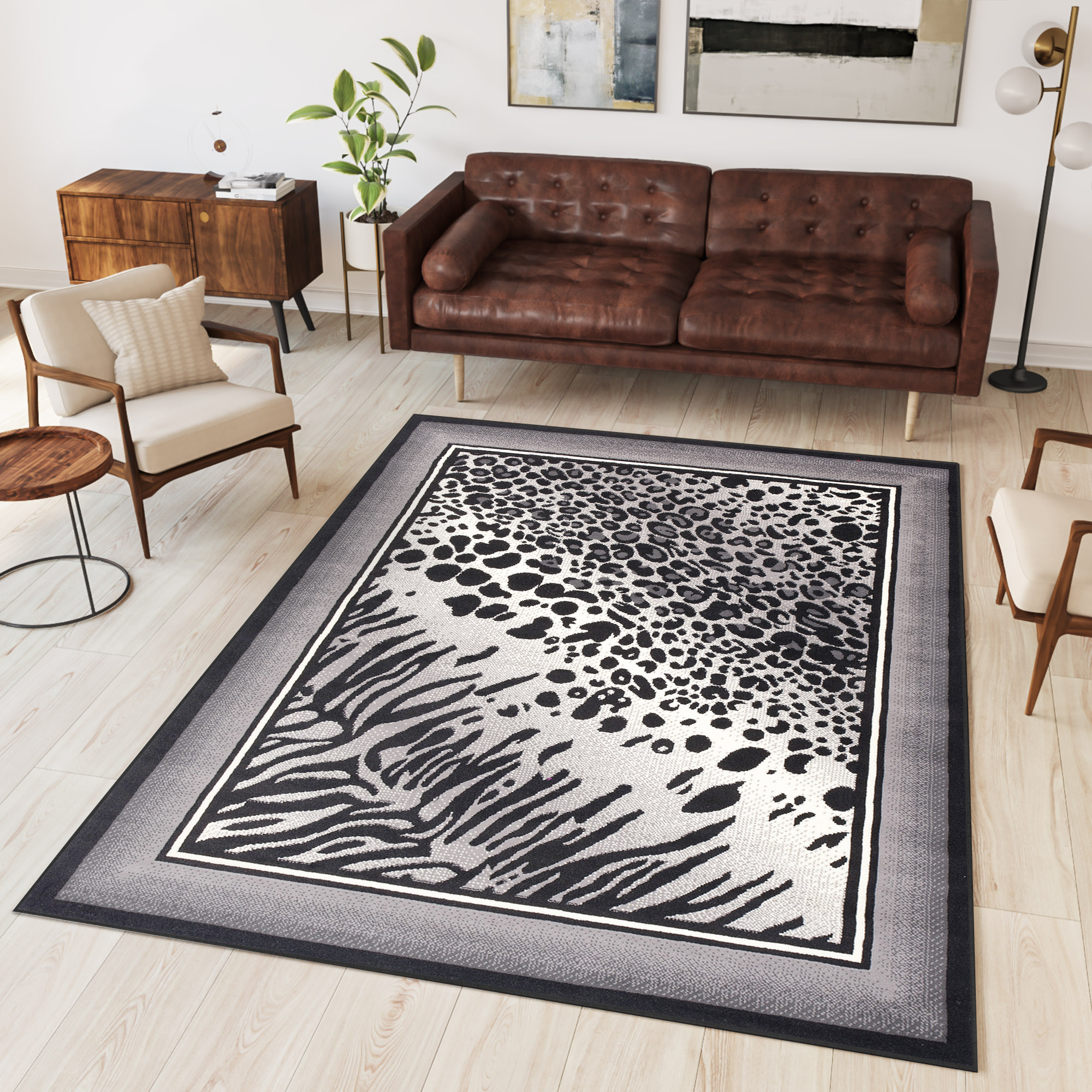 DREAM Tapis Moderne Animal  Zèbre Panthère Gris Noir Crème Fin