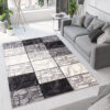 DREAM Tapis Moderne Géométrique Carreaux Noir Gris Crème Fin