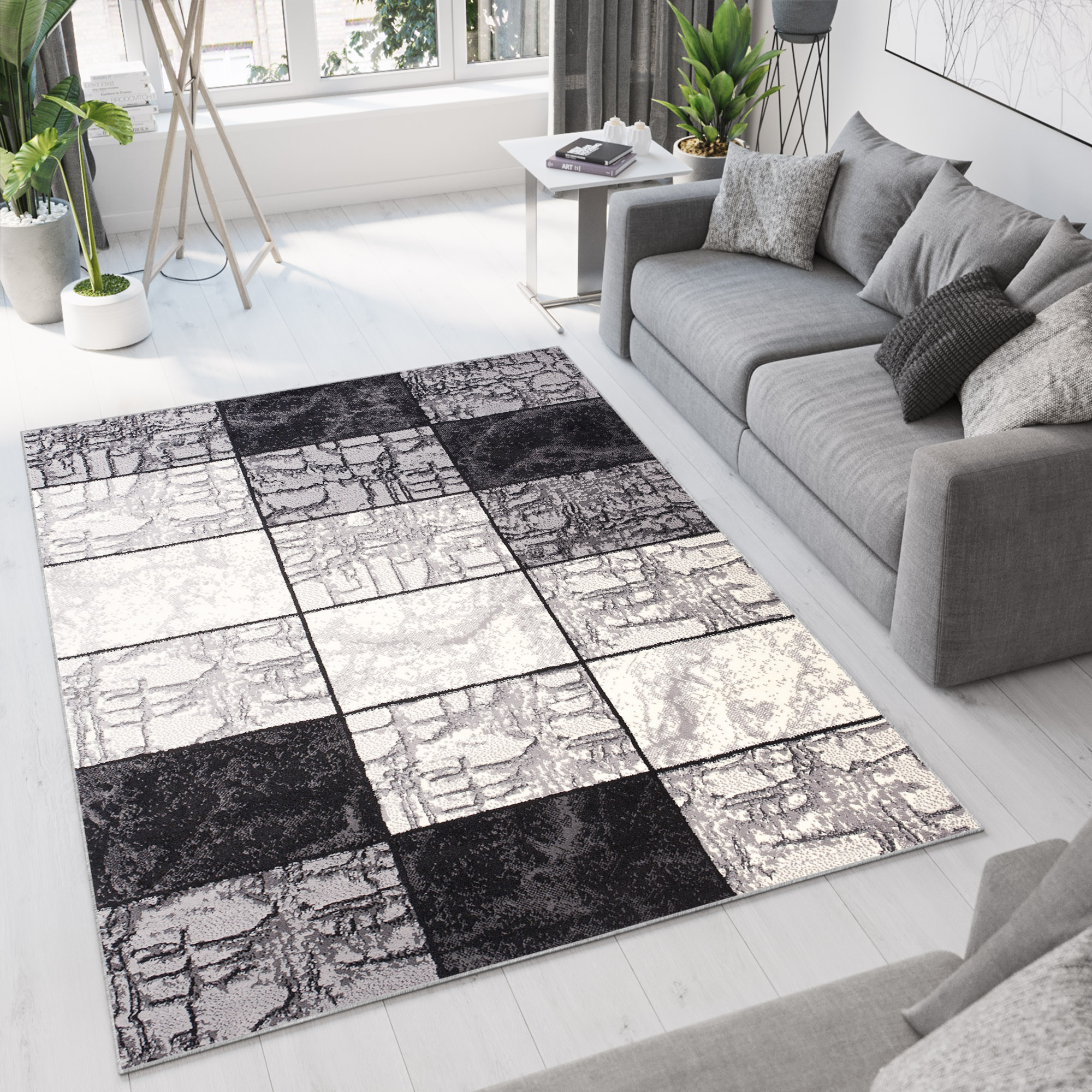 DREAM Tapis Moderne Géométrique Carreaux Noir Gris Crème Fin