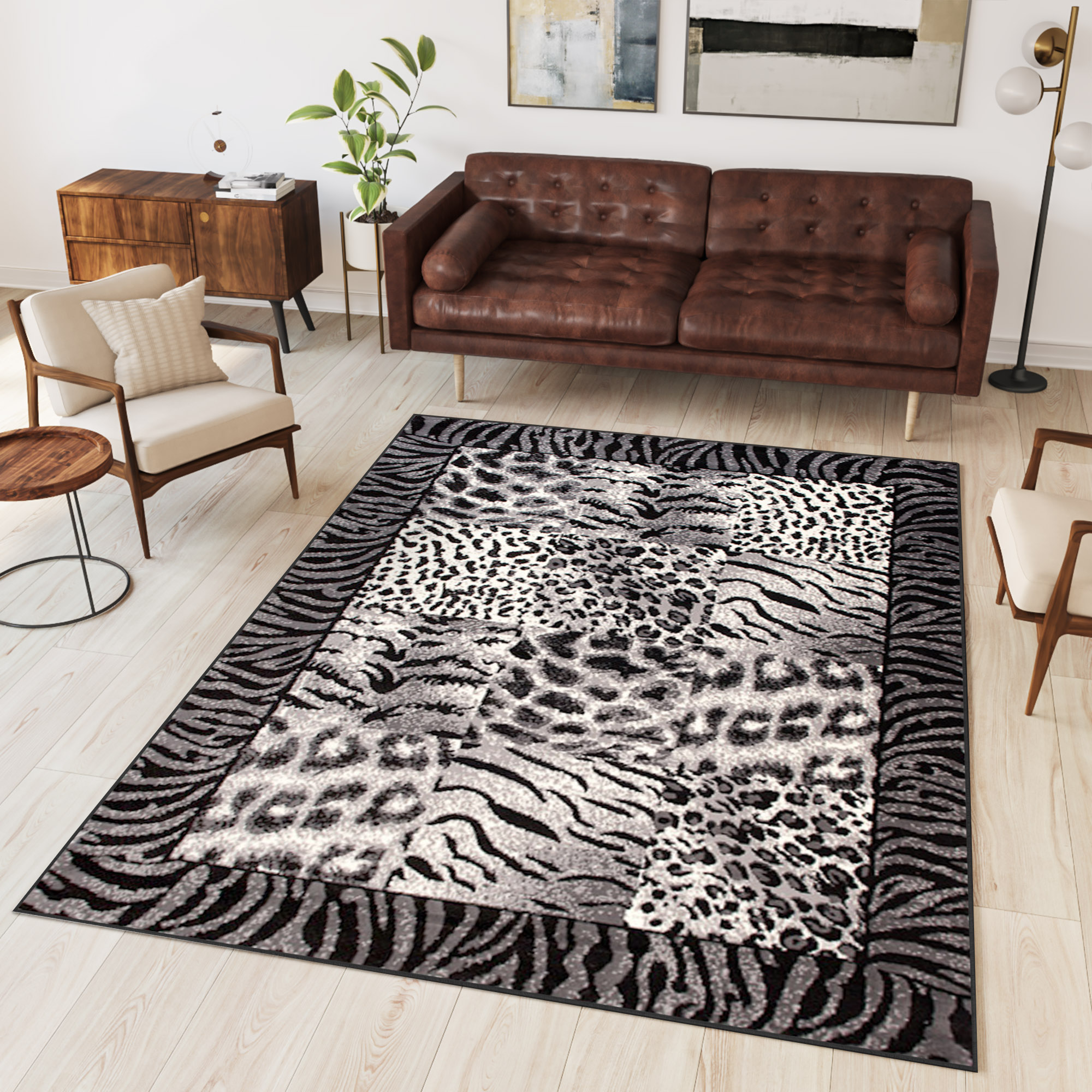 DREAM Tapis Moderne Animal Sauvage Panthère Gris Noir Crème Fin