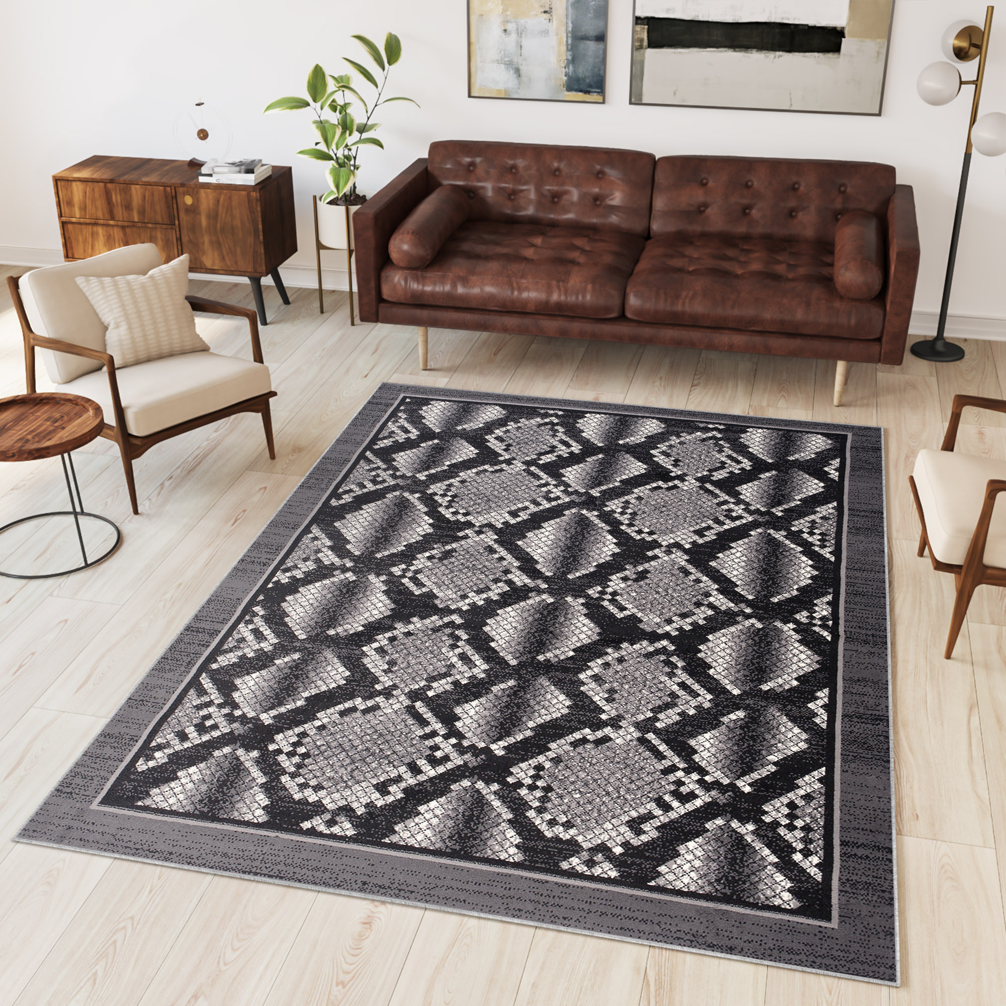 DREAM Tapis Moderne Animal Sauvage Serpent Gris Noir Fin