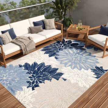 Tapis Extérieur Patio Gris Bleu Fleurs