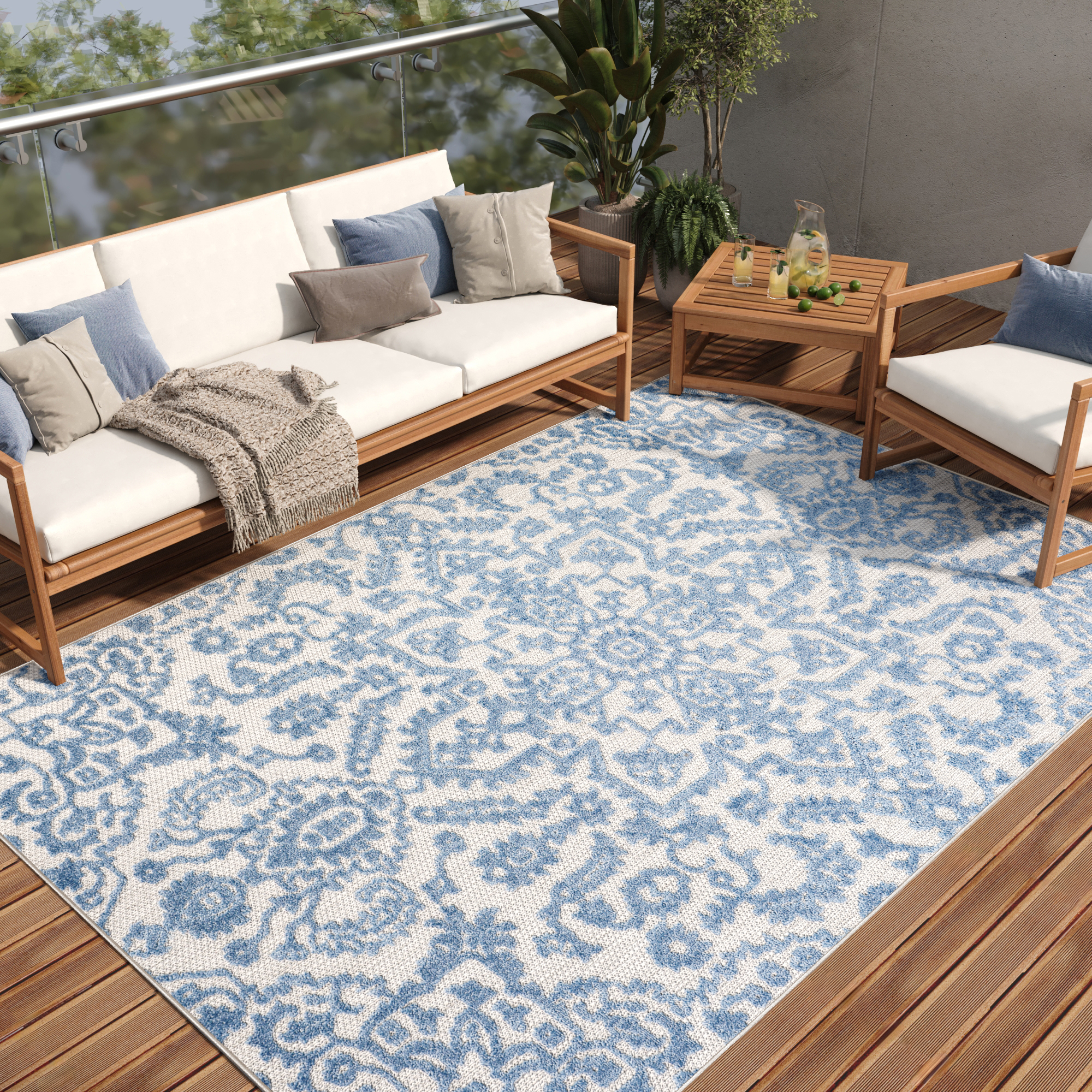 Tapis Extérieur Patio Bleu Ornements