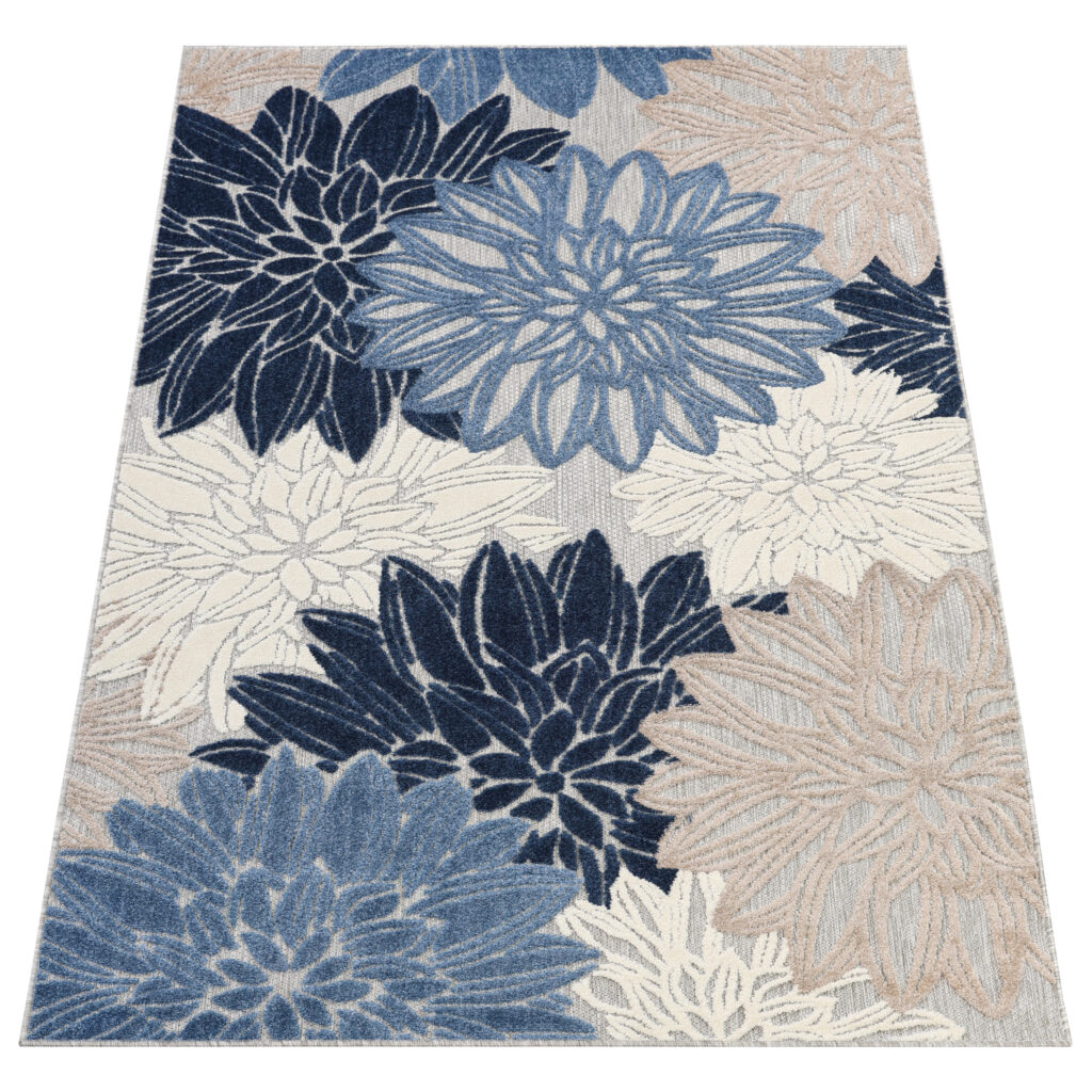 Tapis Extérieur Patio Gris Bleu Fleurs