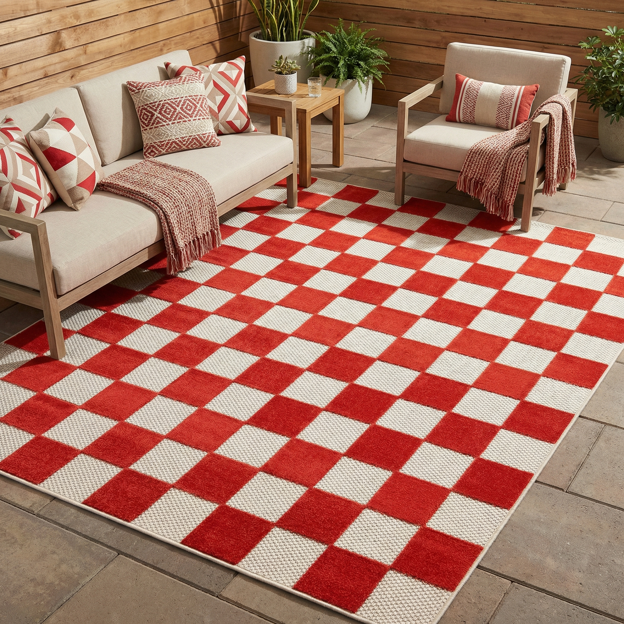 Tapis Extérieur Checker Crème Rouge