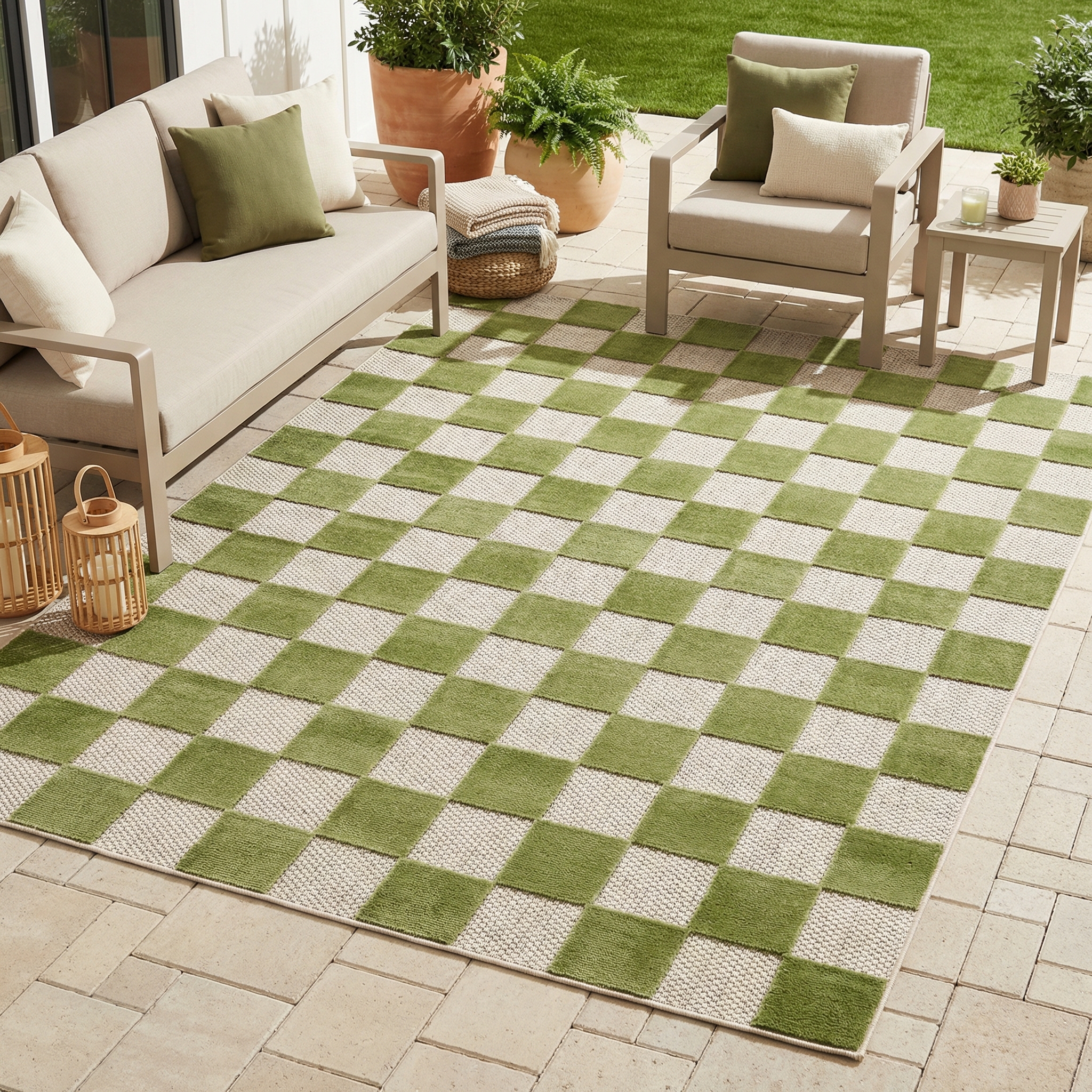 Tapis Extérieur Checker Crème Vert