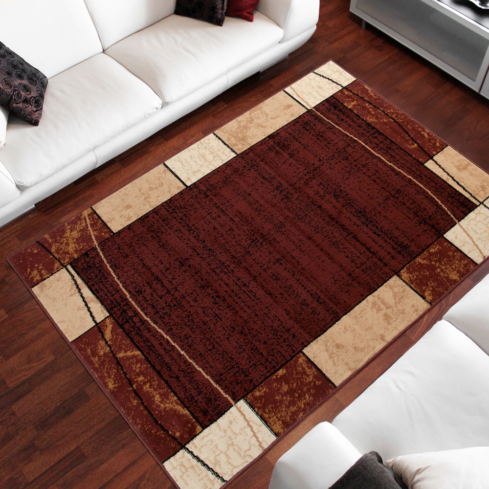 DREAM Tapis Moderne Carreaux Rectangles Marron Foncé Beige Fin