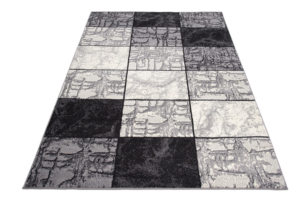 DREAM Tapis Moderne Géométrique Carreaux Noir Gris Crème Fin