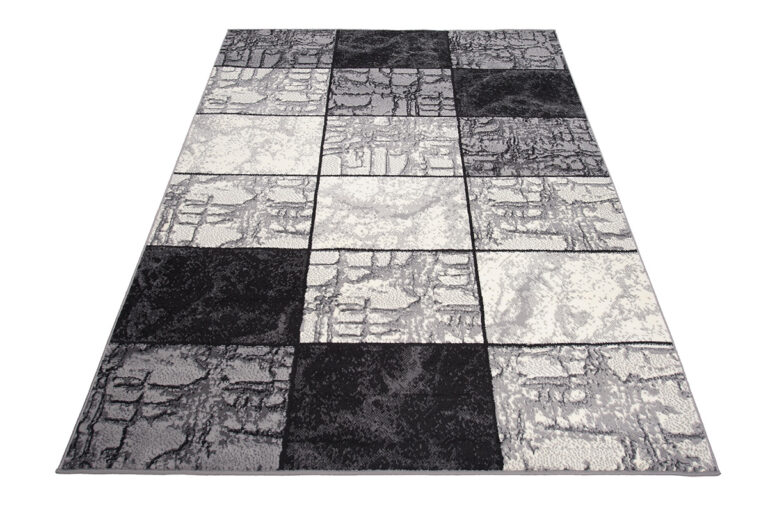 DREAM Tapis Moderne Géométrique Carreaux Noir Gris Crème Fin