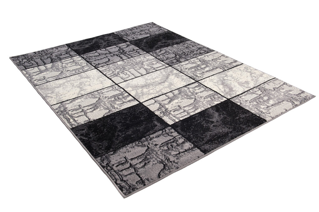 DREAM Tapis Moderne Géométrique Carreaux Noir Gris Crème Fin