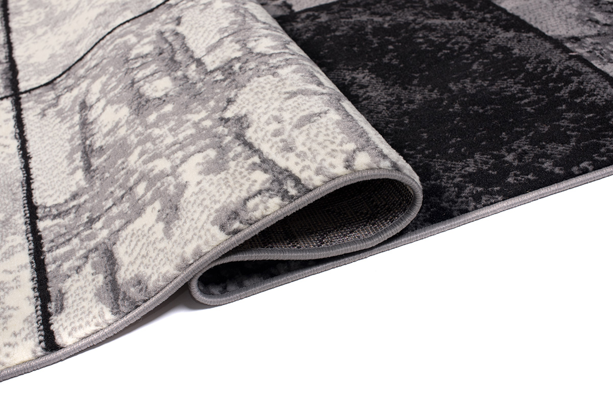 DREAM Tapis Moderne Géométrique Carreaux Noir Gris Crème Fin