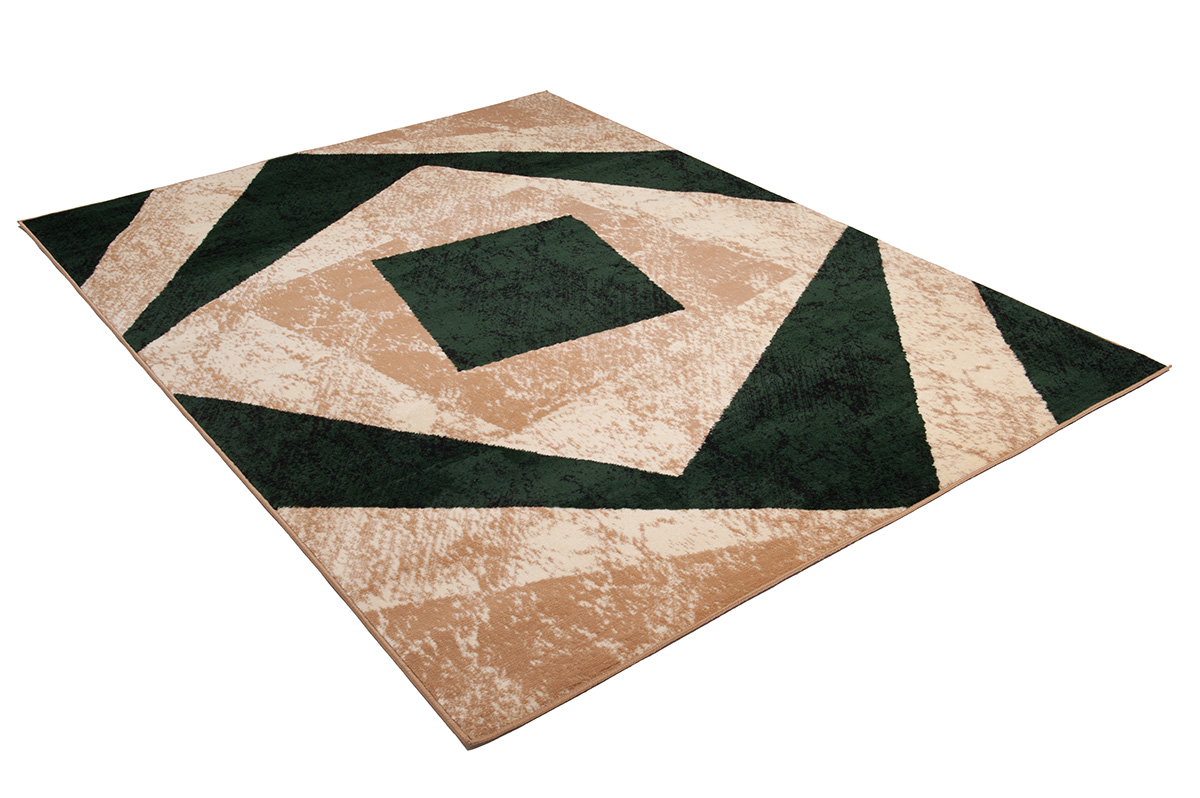 DREAM Tapis Moderne Géométrique Carreaux Vert Beige Ecru Fin