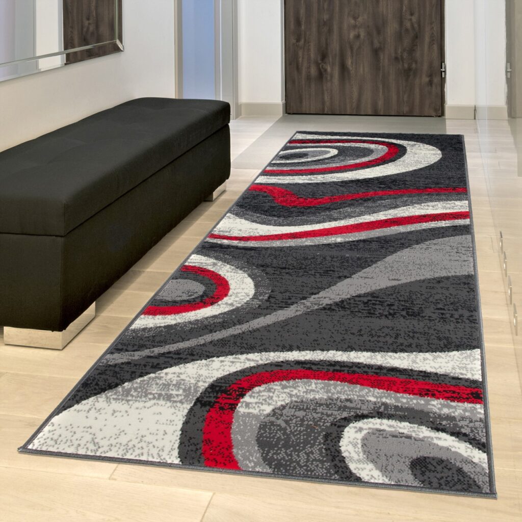 Tapis De Passage Dream Moderne Gris Foncé Rouge Vagues