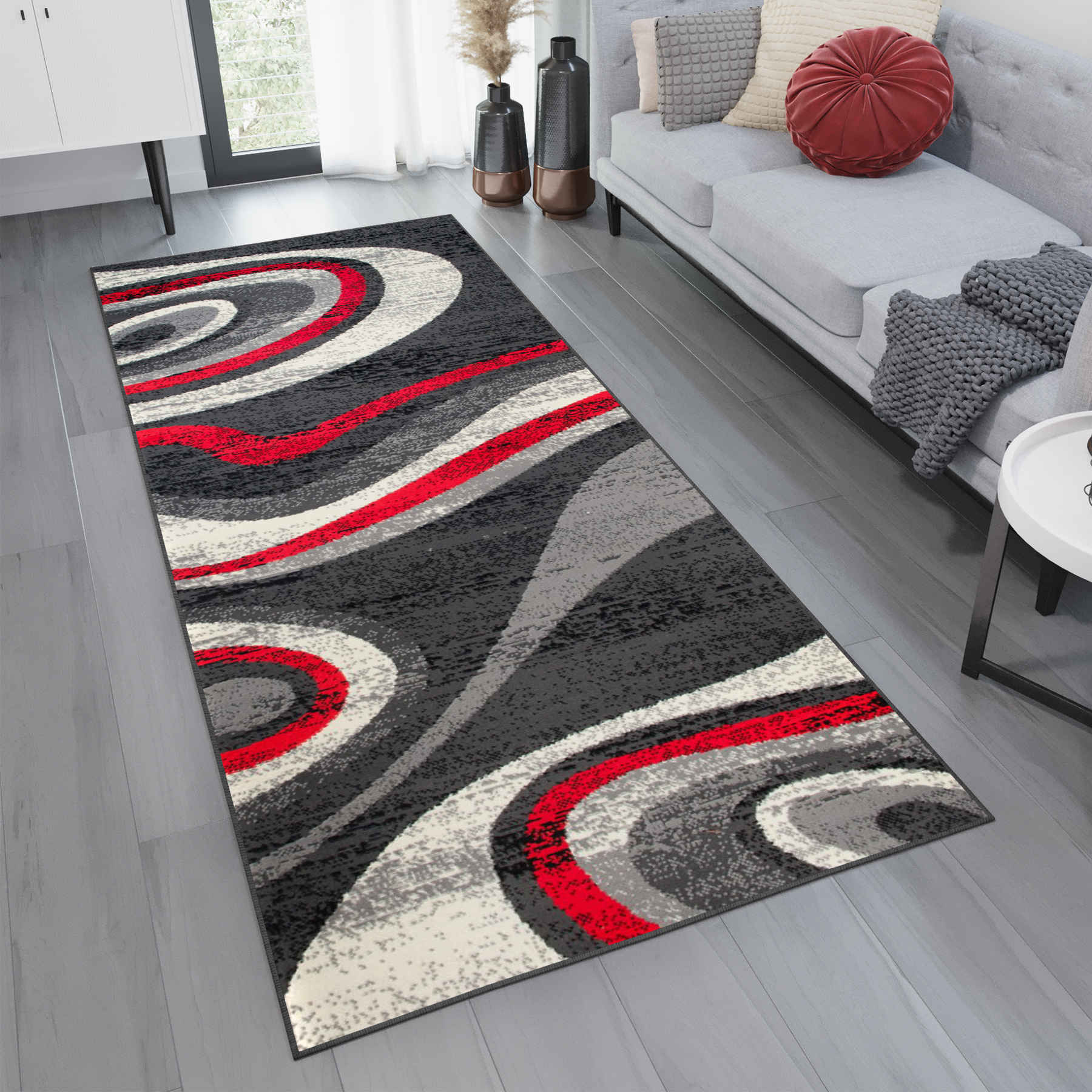 Tapis De Passage Dream Moderne Gris Foncé Rouge Vagues