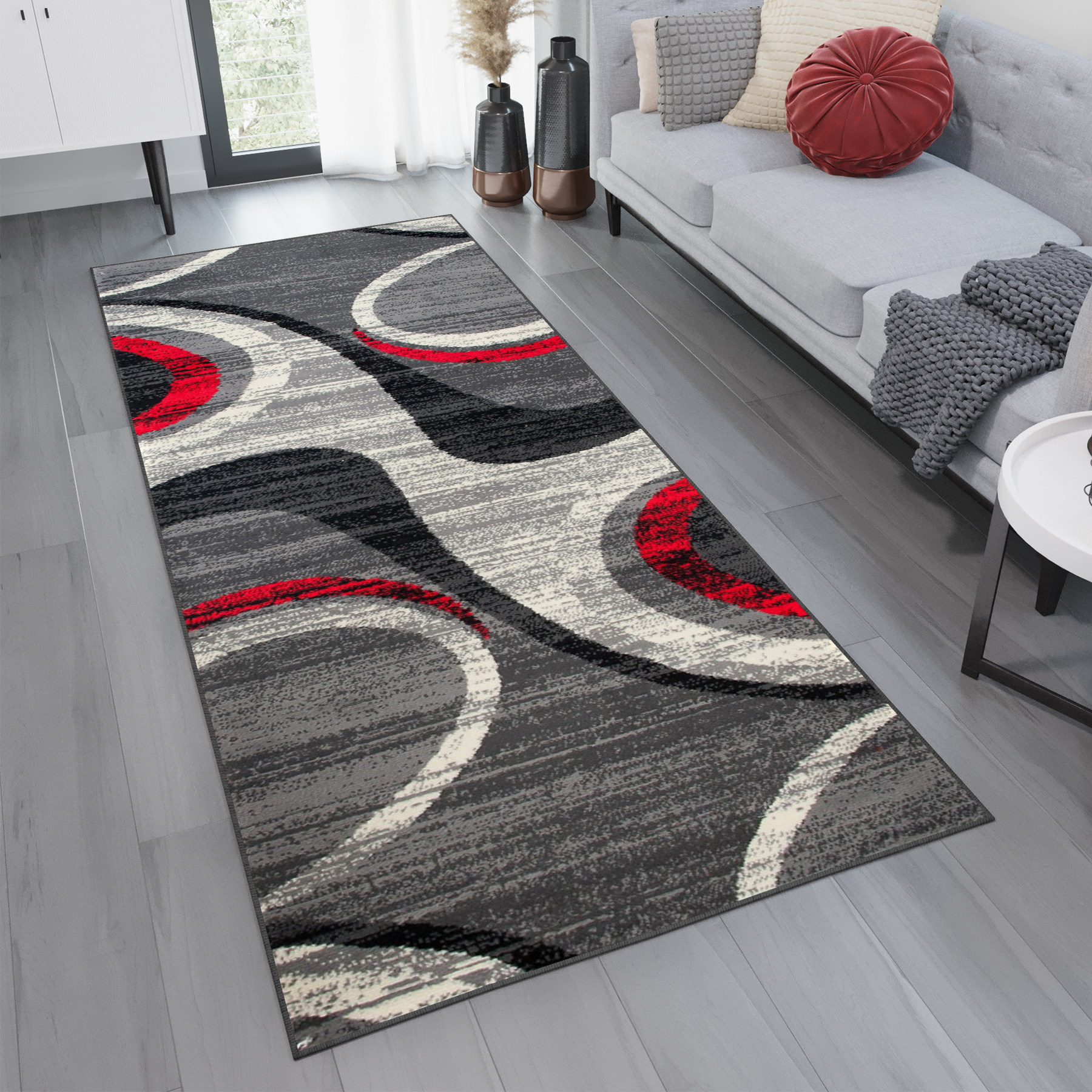 Tapis De Passage Dream Moderne Gris Clair Rouge Vagues