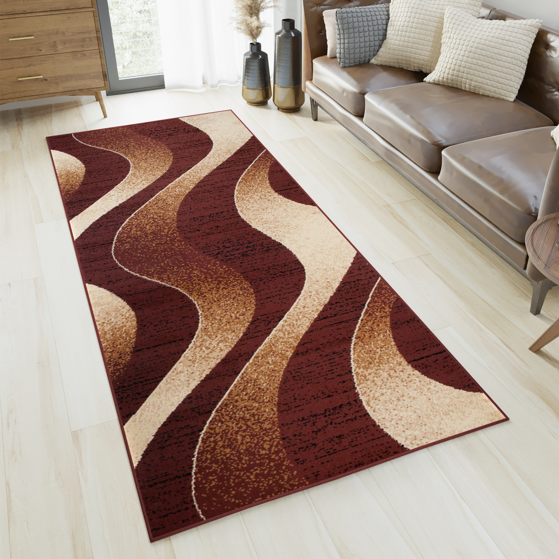 Tapis De Passage Dream Moderne Marron Foncé Crème Vagues