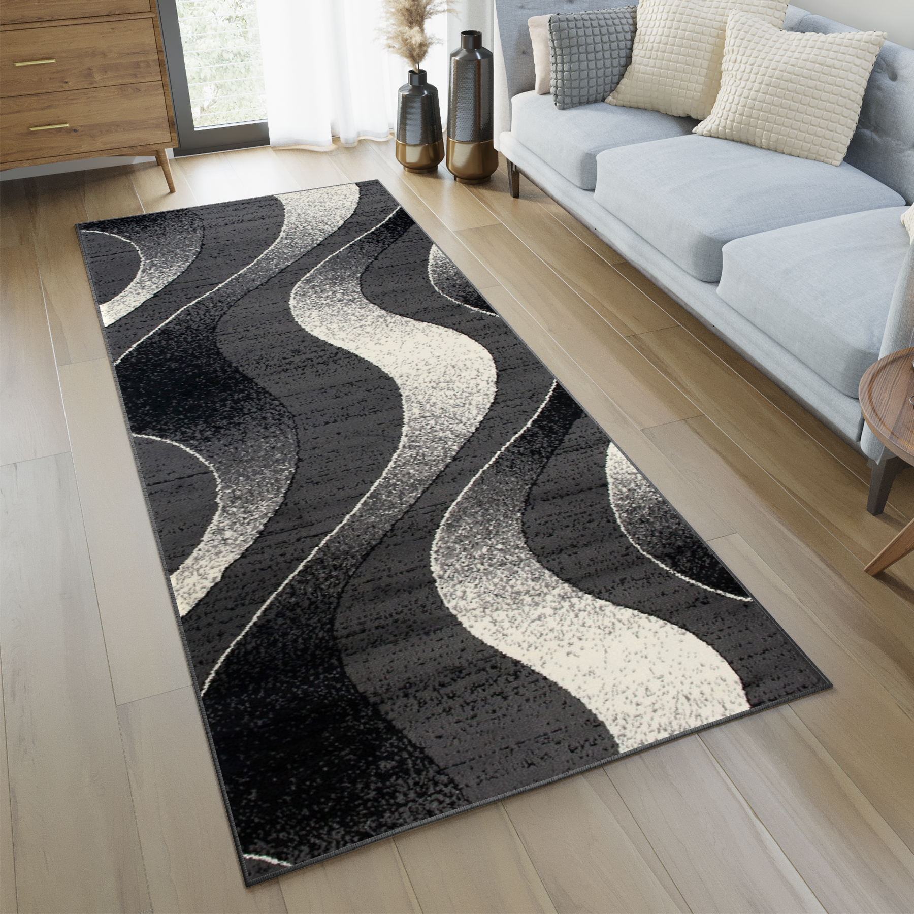 Tapis De Passage Dream Moderne Gris Foncé Vagues