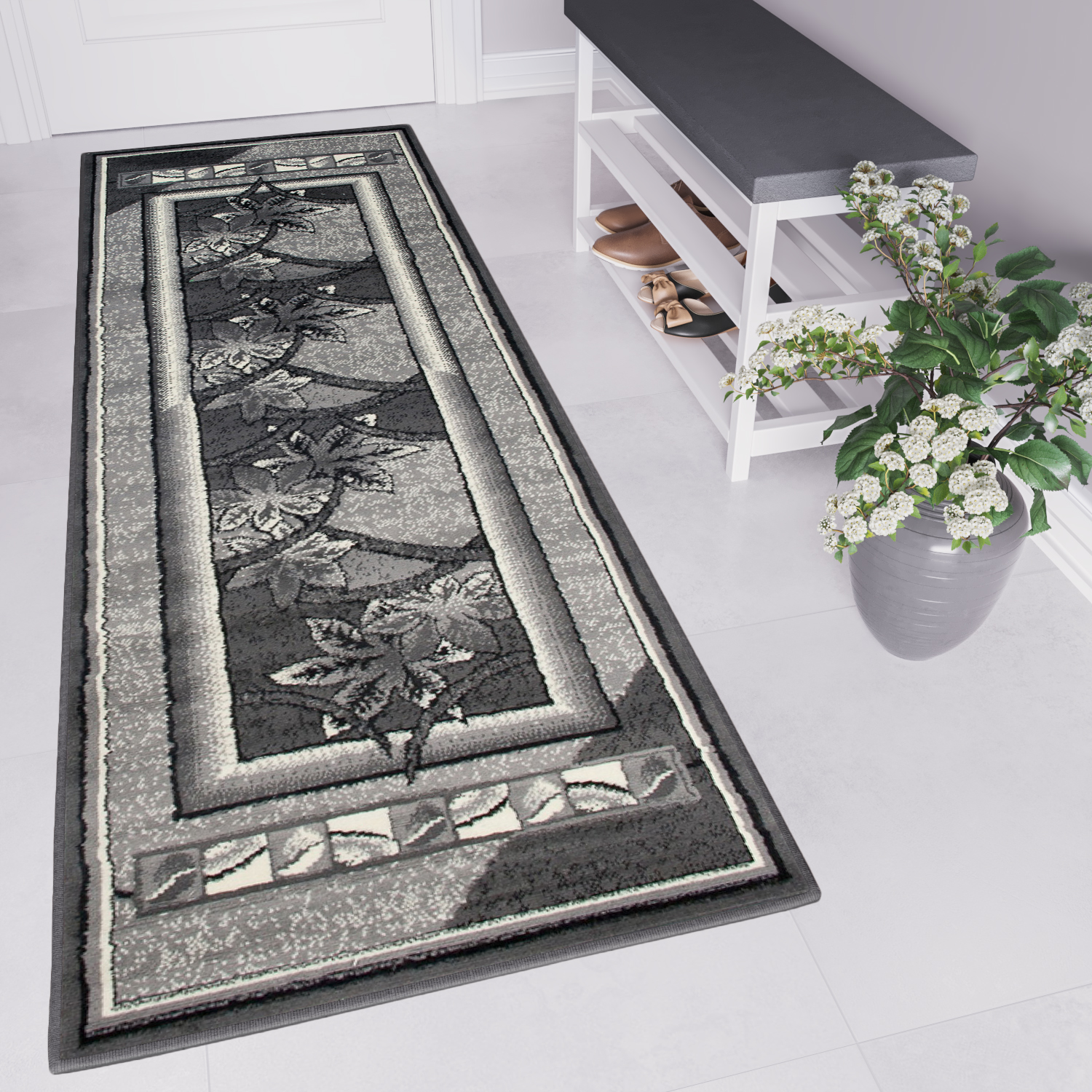 Tapis De Passage Dream Gris Géométrique Fleurs Cadre