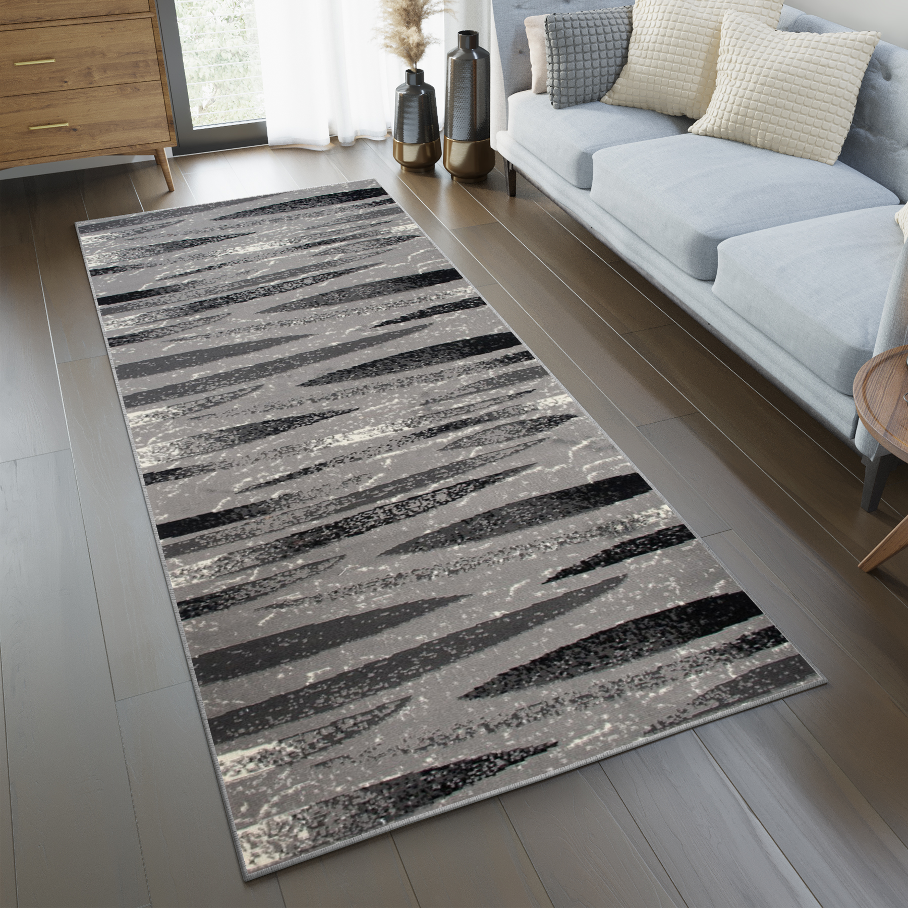 Tapis De Passage Dream Moderne Gris Noir Lignes