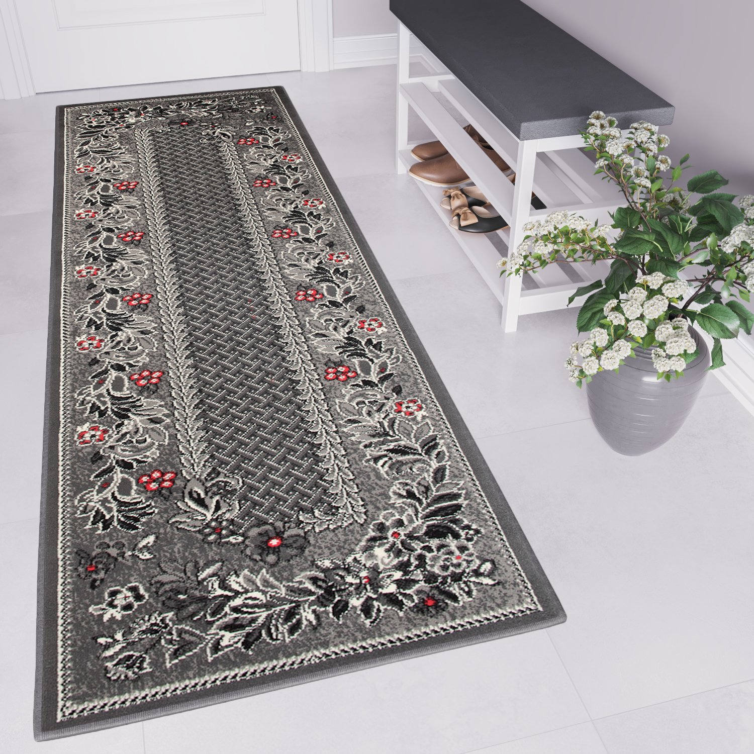 Tapis De Passage Dream Traditionnel Gris Motif Floral
