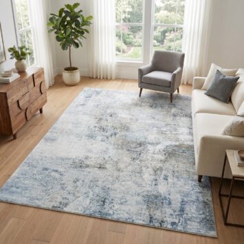 Tapis Bari Abstrait Bleu Crème Antidérapant