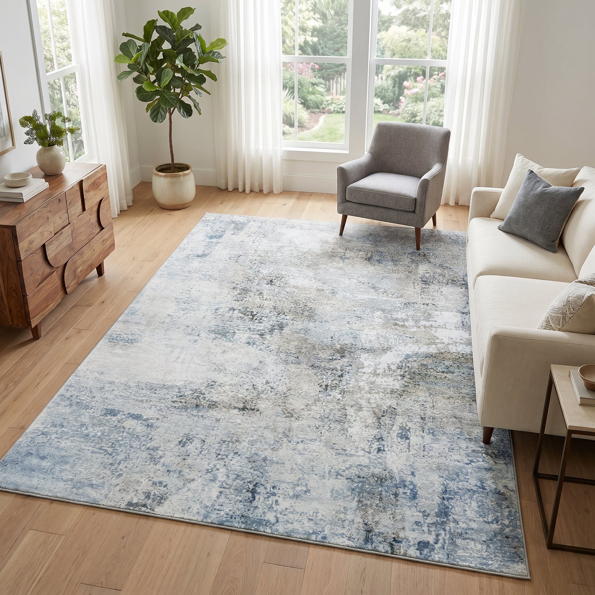 Tapis Bari Abstrait Bleu Crème Antidérapant