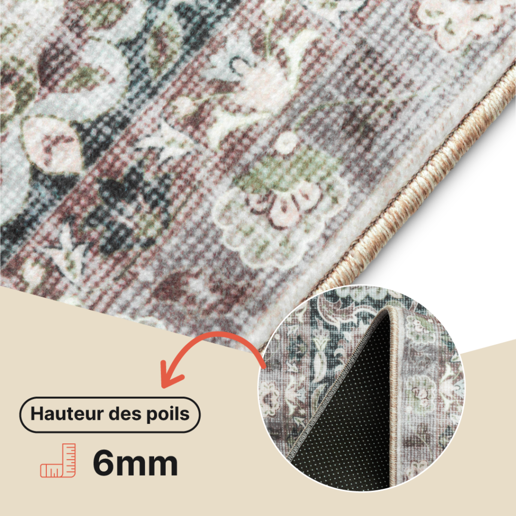 Tapis Ispahan Gris-Beige Touches Vertes Antidérapant