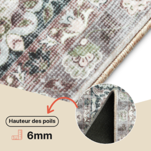 Tapis Ispahan Gris-Beige Touches Vertes Antidérapant