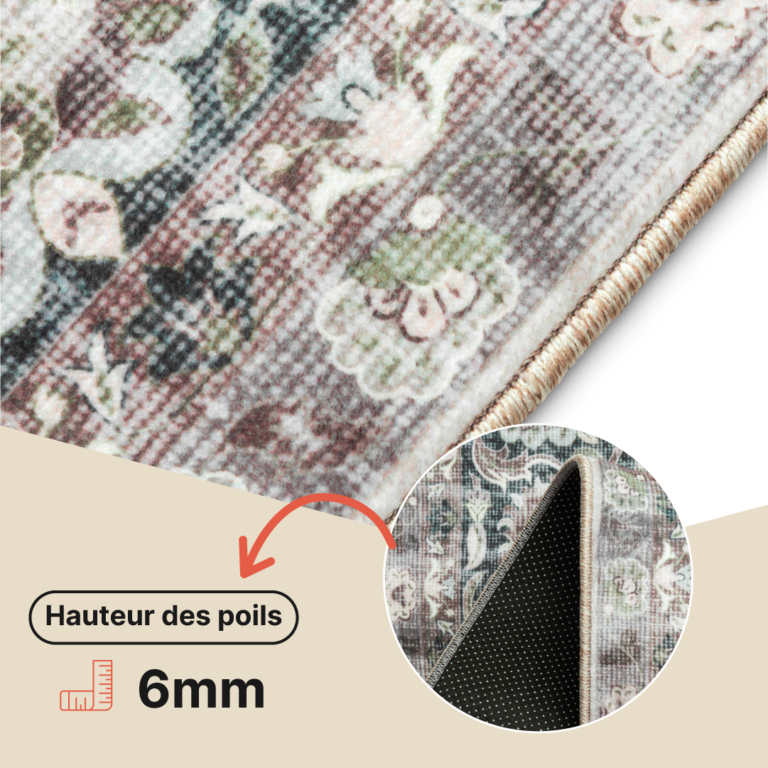 Tapis Ispahan Gris-Beige Touches Vertes Antidérapant