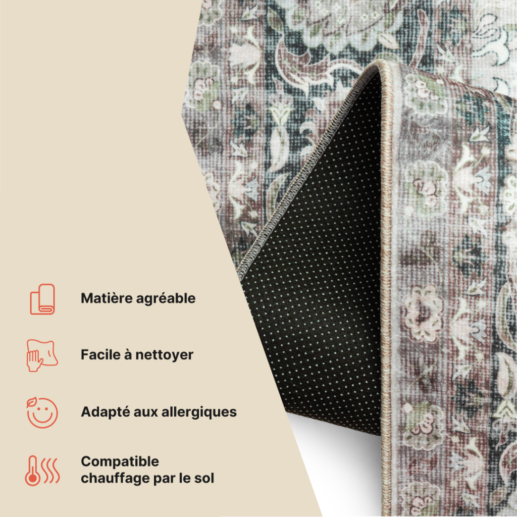 Tapis Ispahan Gris-Beige Touches Vertes Antidérapant