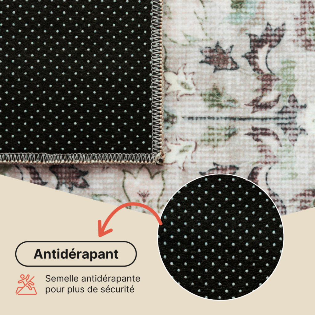 Tapis Ispahan Gris-Beige Touches Vertes Antidérapant