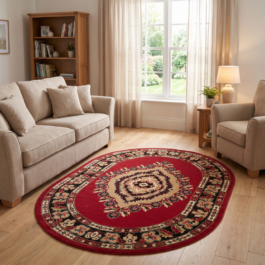Tapis Atlas Ovale Rouge Beige Traditionnel Rosace