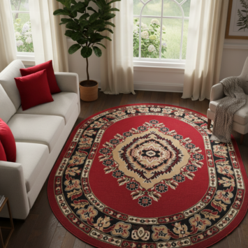 Tapis Atlas Ovale Rouge Beige Traditionnel Rosace