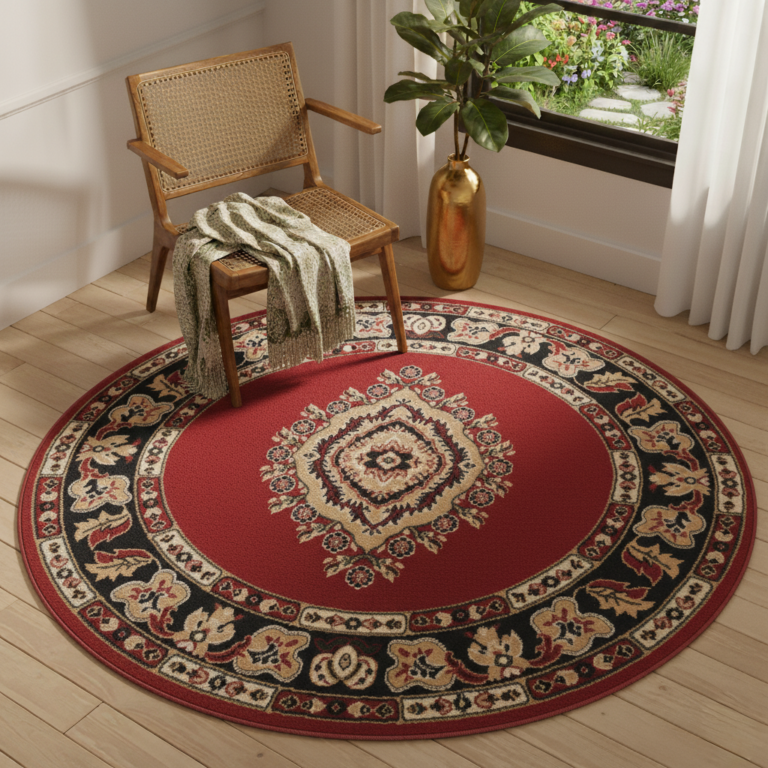 Tapis Atlas Rond Rouge Beige Traditionnel Rosace