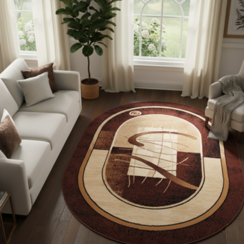 Tapis Atlas Ovale Marron Beige Abstrait Bordure