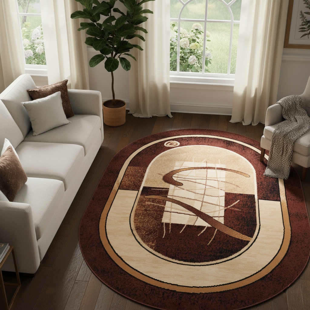 Tapis Atlas Ovale Marron Beige Abstrait Bordure