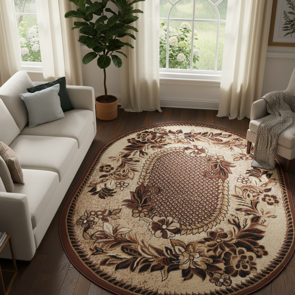 Tapis Atlas Ovale Beige Marron Moderne Floral