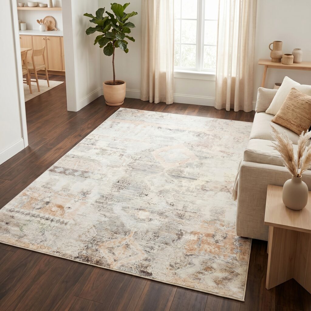 Tapis Bari Abstrait Ethnique Beige Antidérapant