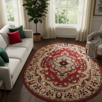Tapis Atlas Ovale Rouge Beige Traditionnel Médaillon