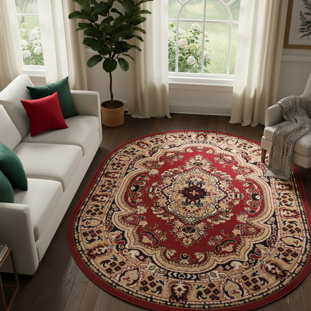 Tapis Atlas Ovale Rouge Beige Traditionnel Médaillon