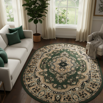 Tapis Atlas Ovale Vert Beige Traditionnel Médaillon