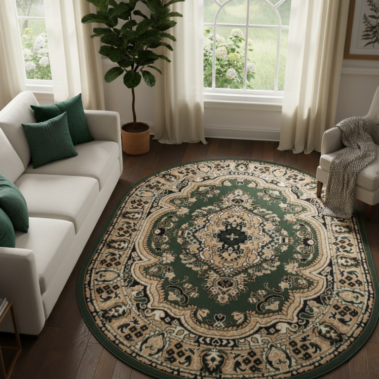 Tapis Atlas Ovale Vert Beige Traditionnel Médaillon