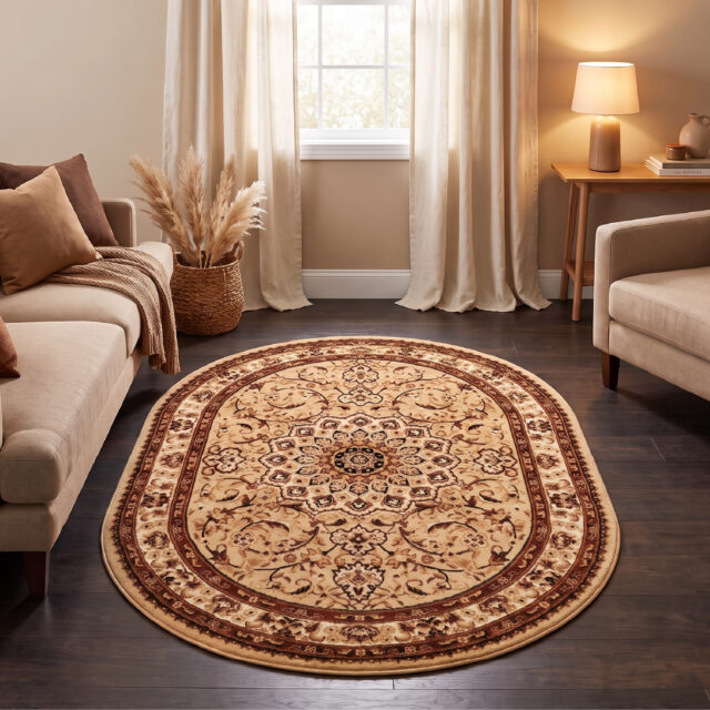 Tapis Atlas Ovale Beige Traditionnel Rosace Bordure