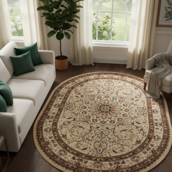 Tapis Atlas Ovale Beige Traditionnel Rosace Bordure