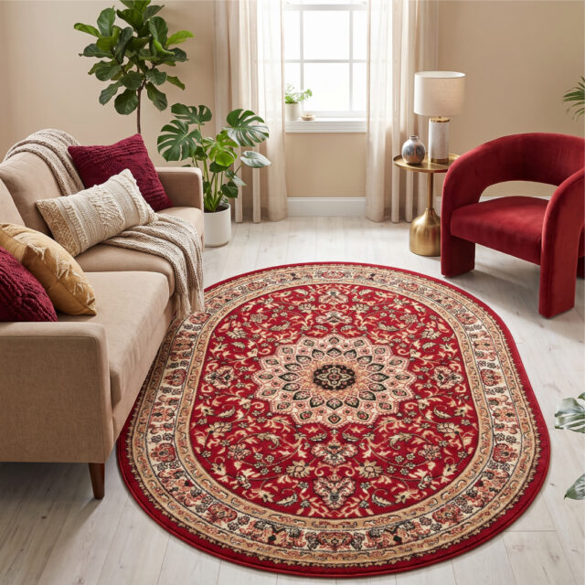 Tapis Atlas Ovale Rouge Crème Traditionnel Médaillon