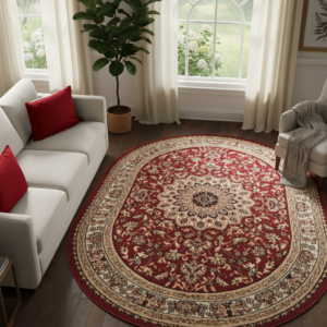 Tapis Atlas Ovale Rouge Crème Traditionnel Médaillon
